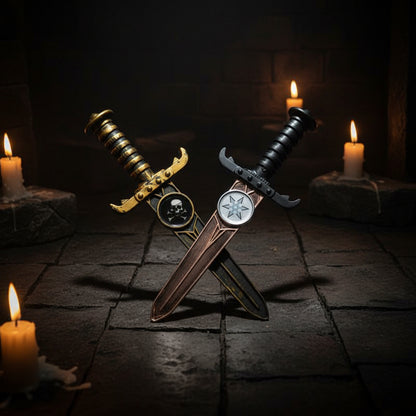 Two toy swords with decorative handles on a white background