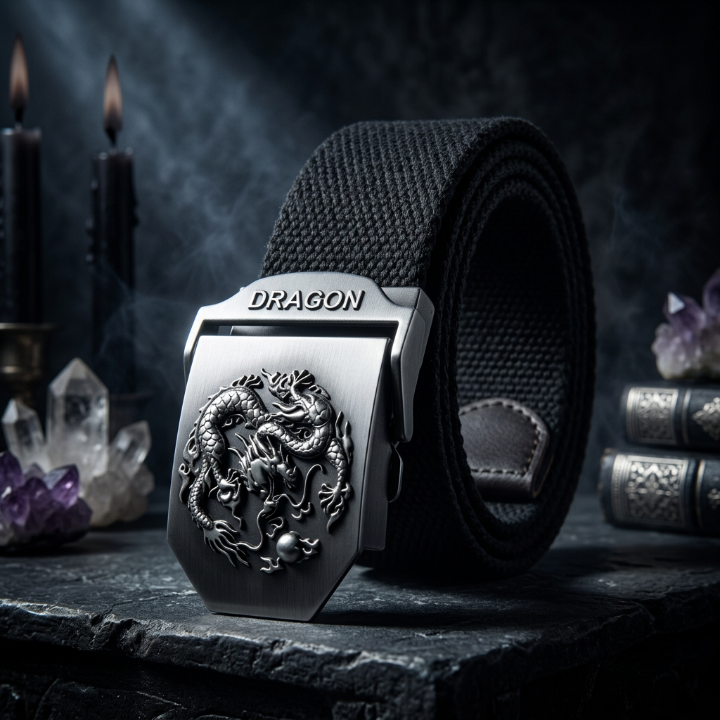 A black woven canvas belt with a silver-toned metal buckle featuring a detailed dragon design and the word 'DRAGON' engraved on the front, shown on a white background.