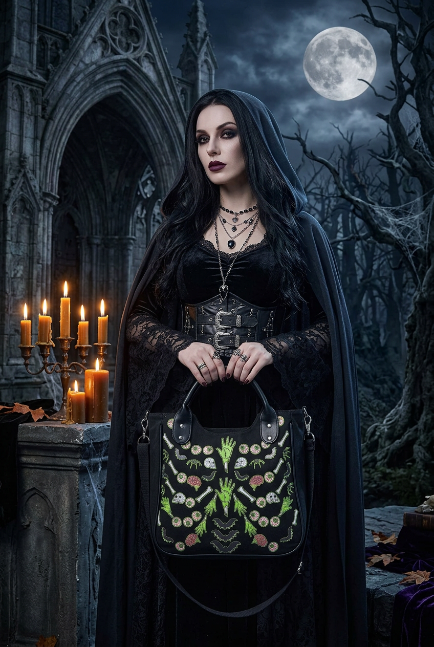A gothic woman in a black lace dress and hooded cape stands in a moonlit cemetery scene holding a black handbag decorated with colorful skull and crossbones patterns. She is posed in front of a gothic stone building with lit candles.