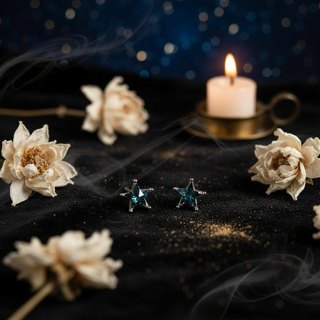 A pair of silver star-shaped stud earrings with iridescent blue-green gemstones, resting on a split beige and white background.