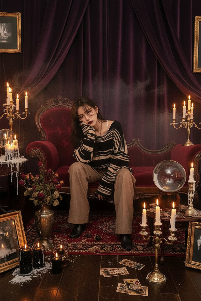 A woman sits on a bed wearing a black and beige striped knit sweater, brown wide-leg pants, and a delicate silver necklace in a minimalist bedroom setting.