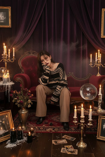 A woman sits on a bed wearing a black and beige striped knit sweater, brown wide-leg pants, and a delicate silver necklace in a minimalist bedroom setting.
