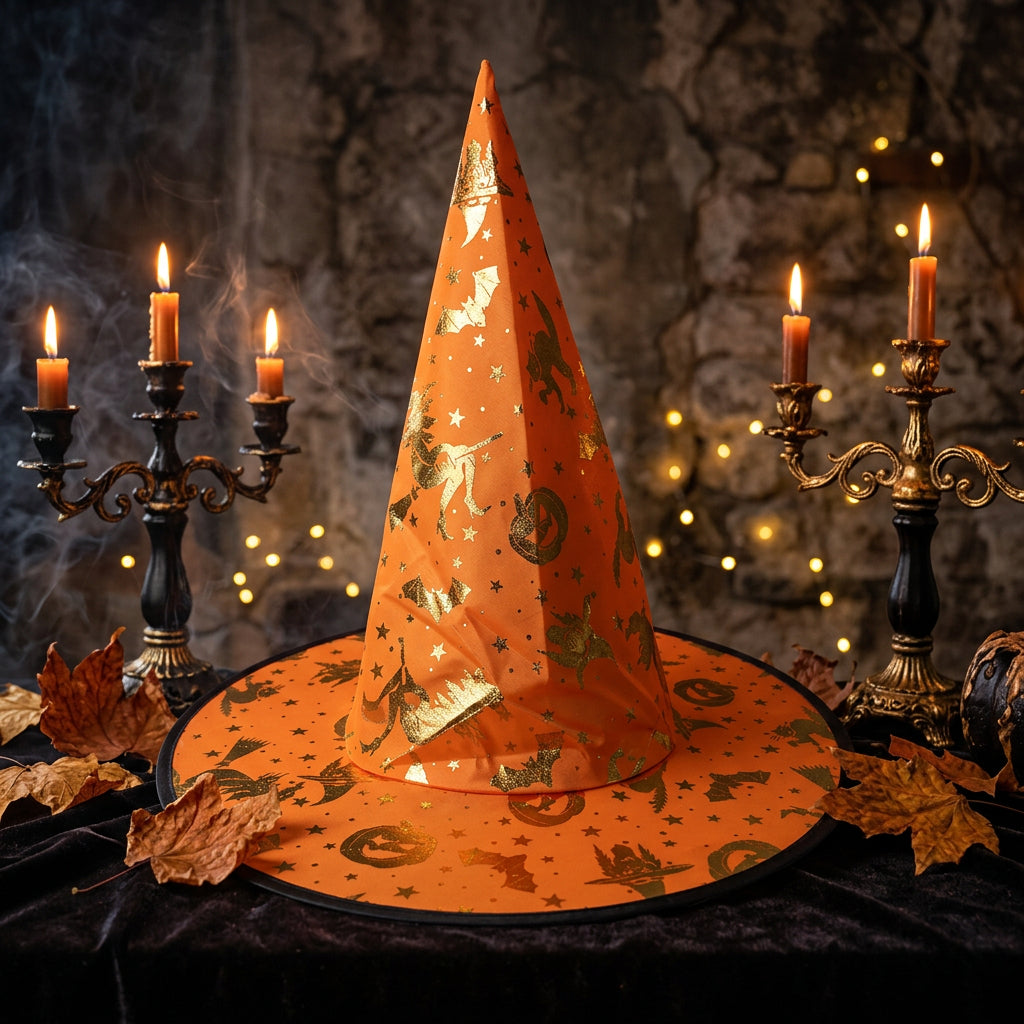 Halloween-themed witch hat with orange and black design on a matching base.