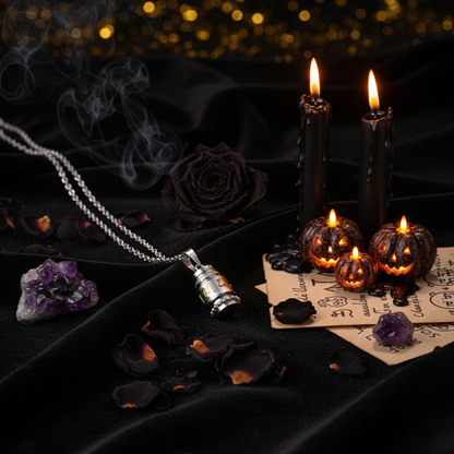Silver and gold cylindrical pendant on a chain against a wooden background