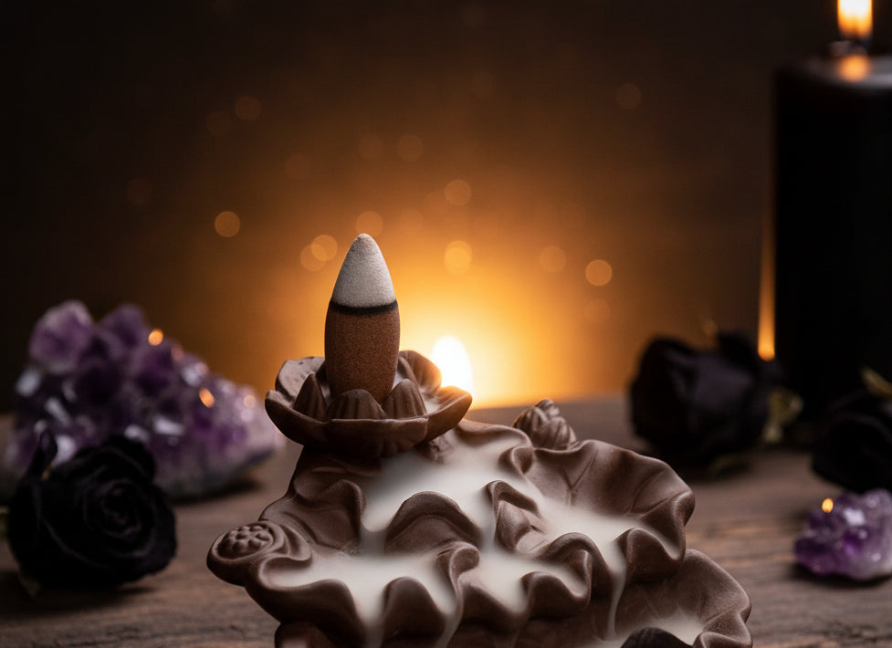 Ceramic incense burner with a cone-shaped incense stick on a wooden surface