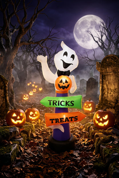 Inflatable Halloween ghost decoration standing on a black base, with a white ghost, purple pole, orange jack-o'-lantern, green arrow pointing to the word "TRICKS," and an orange arrow pointing to the word "TREATS.".