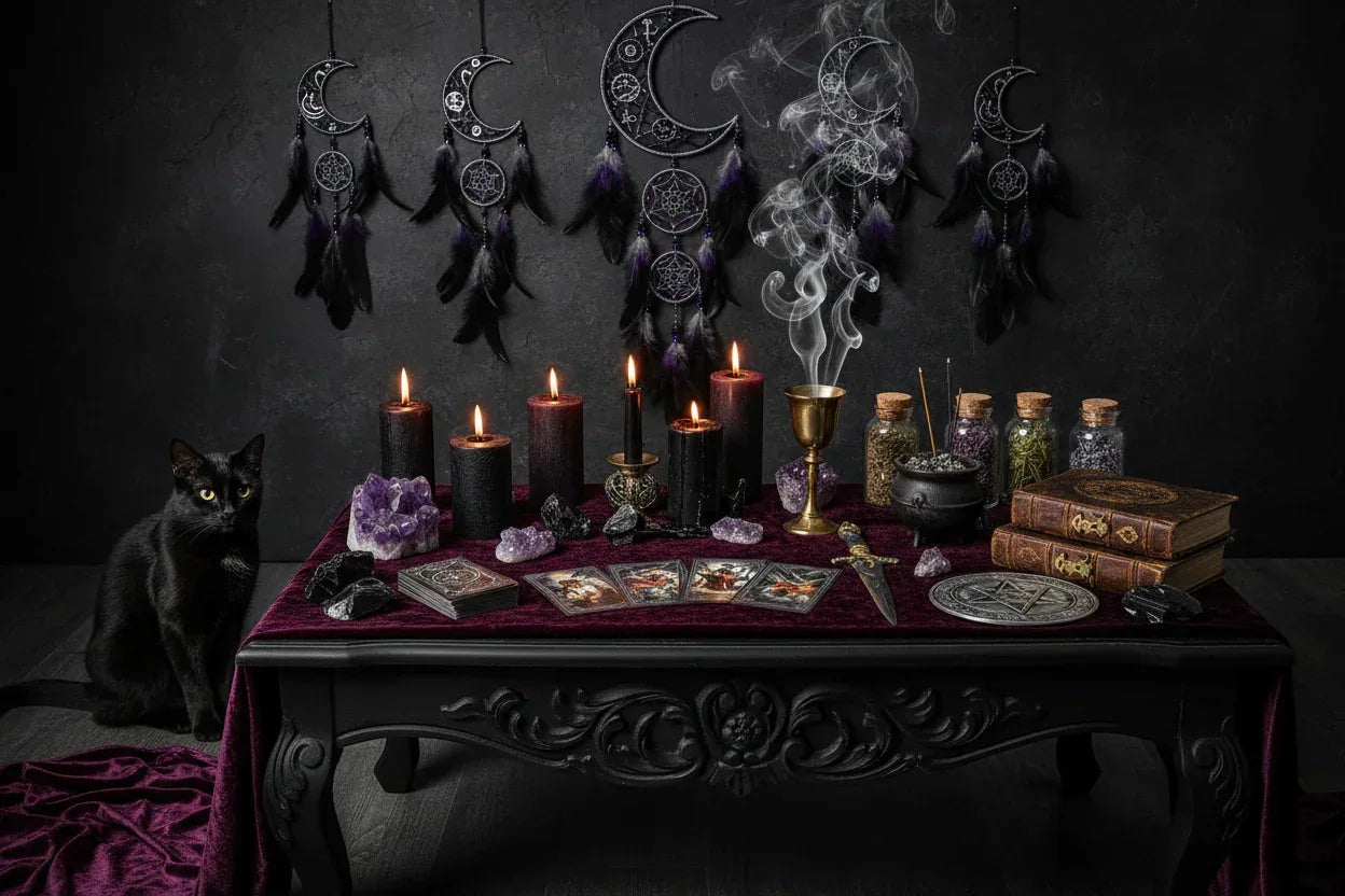 complete-witchcraft-alter-setup-with-black-cat-and-moon-dreamcatchers-hanging-behind-including-all-witchy-products-gothic-vibes - Sorceress Sanctuary