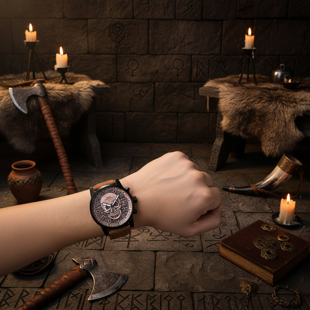 Skull-themed watch with brown leather strap on wrist against a dark background