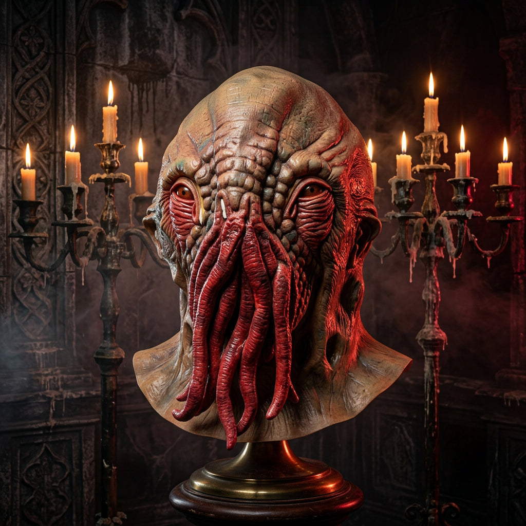 A detailed plastic or latex monster mask with a textured, reptilian head, glowing red eyes, and multiple fleshy tentacles hanging from the mouth, displayed on a glass table.