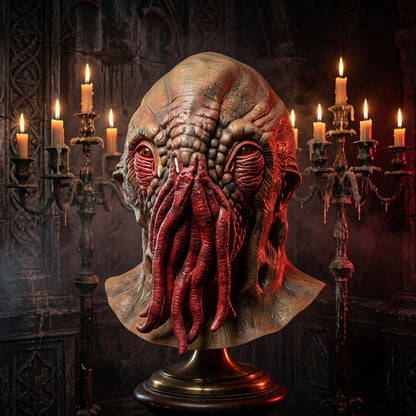 A detailed plastic or latex monster mask with a textured, reptilian head, glowing red eyes, and multiple fleshy tentacles hanging from the mouth, displayed on a glass table.