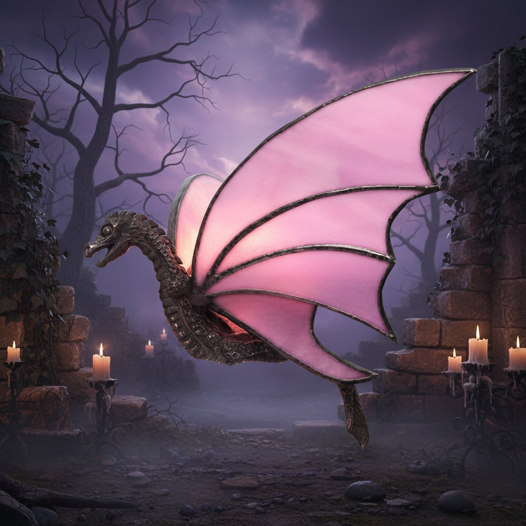 A dragon-shaped brooch featuring a dark metallic body and large pink wings outlined in dark metal, shown on a plain white background.