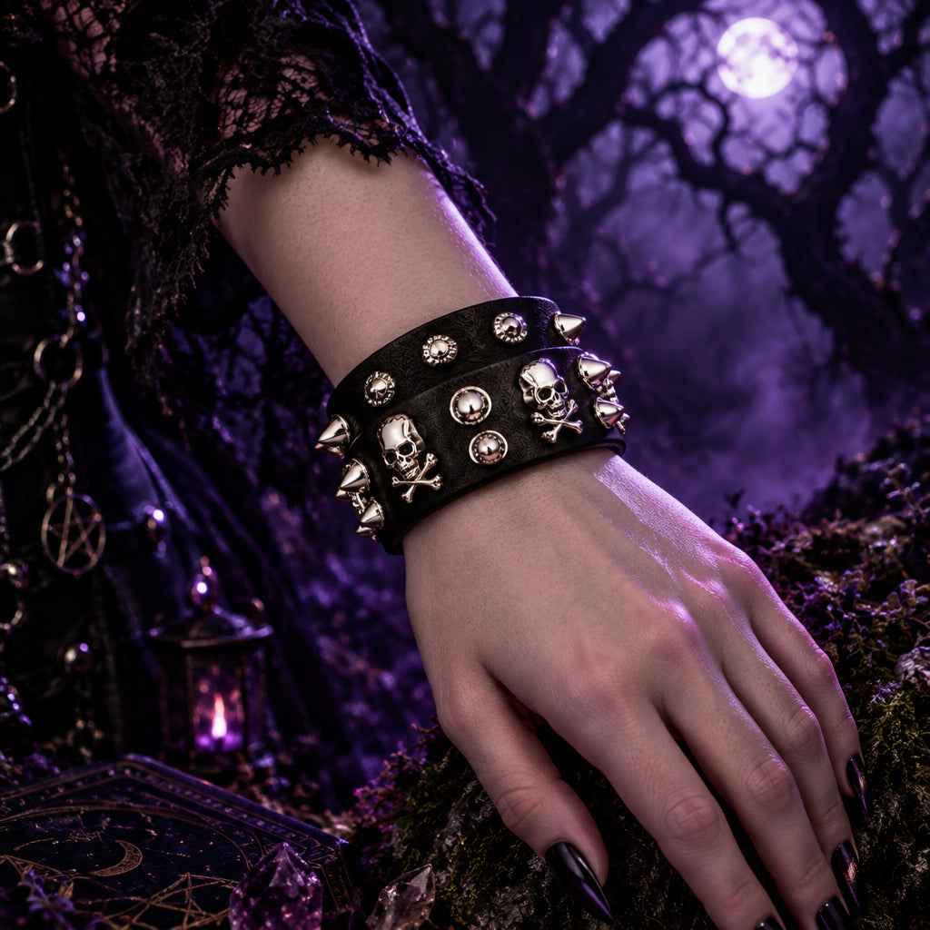 Black leather bracelet with silver skull and crossbones designs on a white background