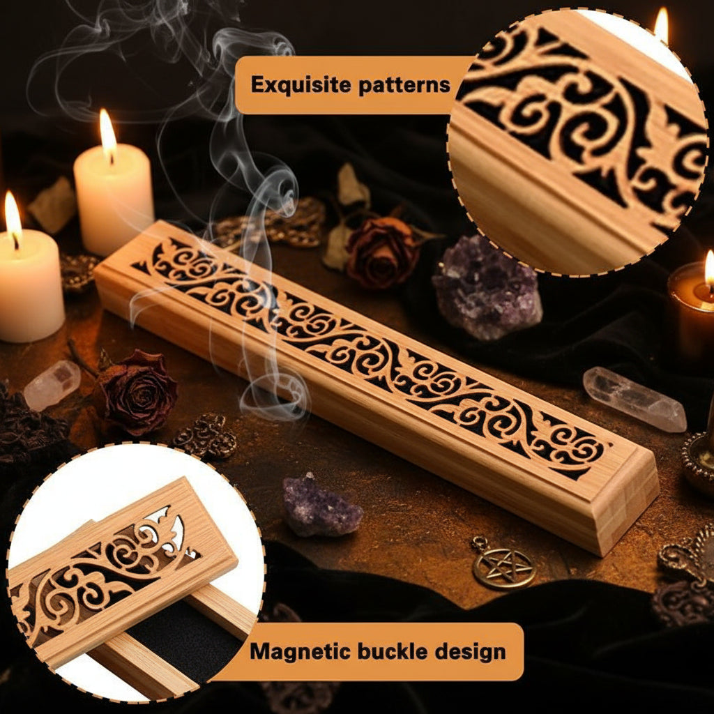 Wooden box with intricate patterns and a magnetic buckle design on a white background.