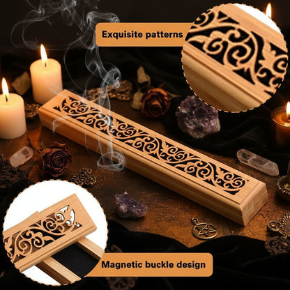 Wooden box with intricate patterns and a magnetic buckle design on a white background.