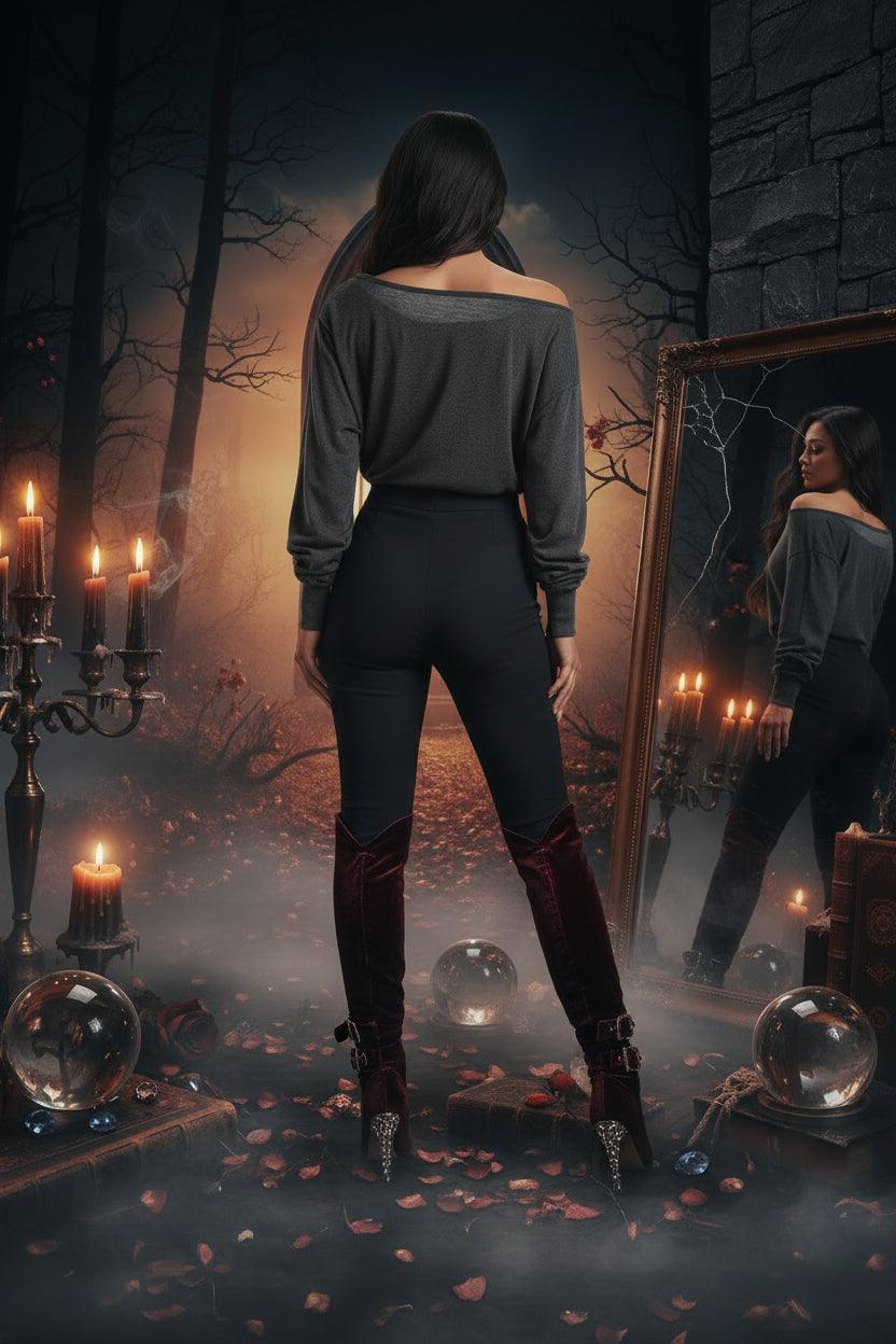 A dark gray off-the-shoulder long-sleeve knit top with gathered cuffs and a relaxed silhouette, shown against a plain white background.