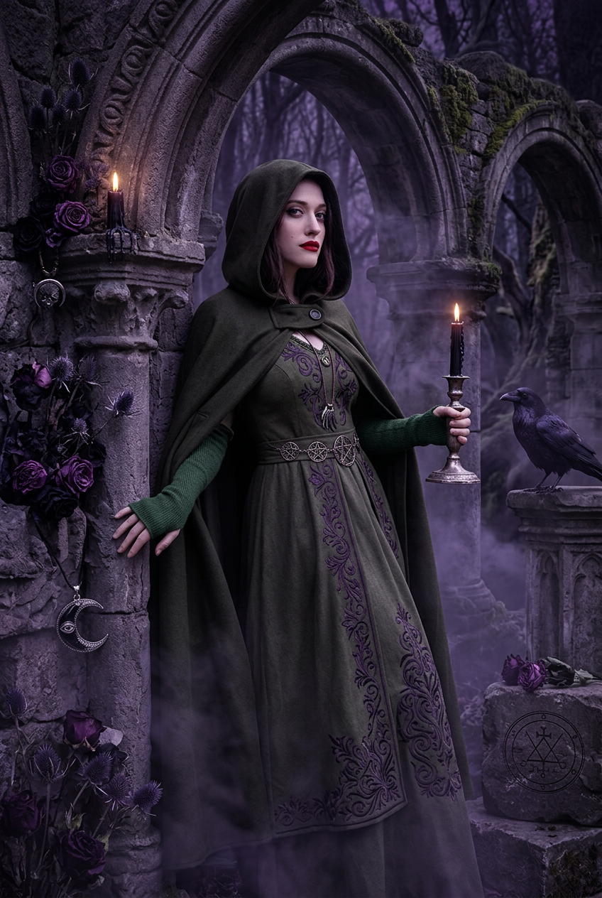 A woman in a dark green hooded gothic dress and cape stands in a foggy stone archway holding a lit candle, with a raven on a stone pillar nearby in a moody purple-toned setting.
