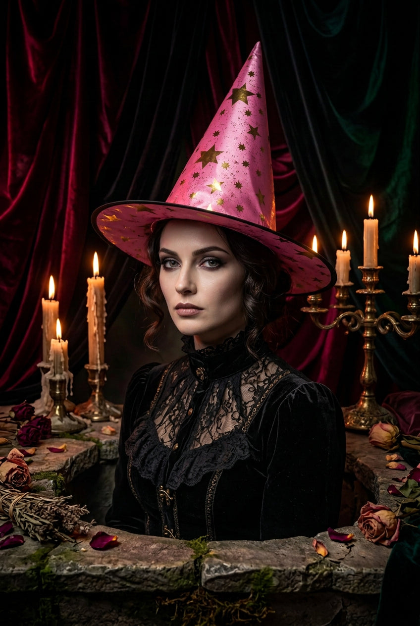 Pink witch hat with gold stars on a gray background