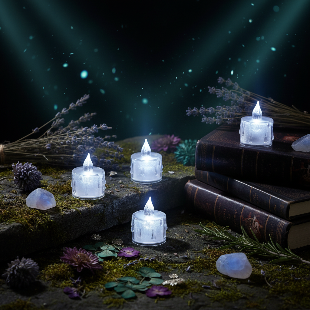 Set of four LED candles on a textured surface with a blurred background