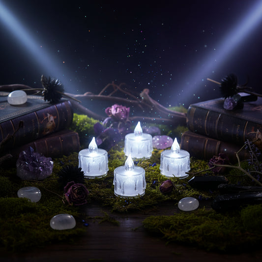 Set of four LED candles on a textured surface with a blurred background