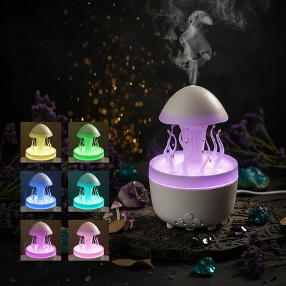 A jellyfish-shaped ambient light and diffuser with a glowing warm yellow interior, shown on a dark surface with text reading 'Colorful Lights' and six smaller inset color options on the left.