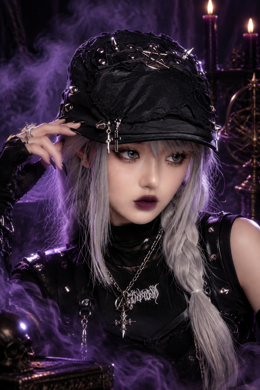 A person wearing a distressed black bucket hat with metal studs, spikes, and a small black pentagram design on the front, paired with a black top and long silver-gray hair, against a plain light background.
