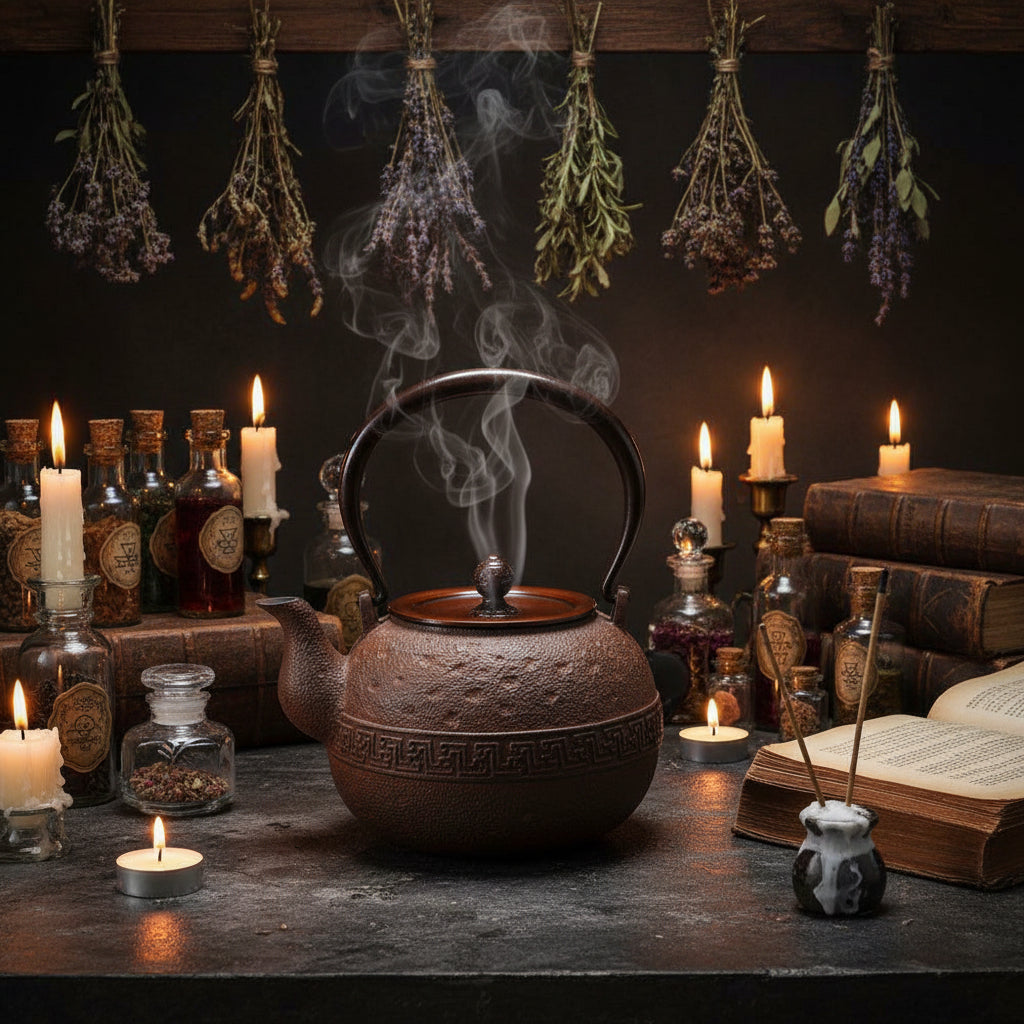 A traditional cast iron teapot with a textured brown body, dark handle, and copper-toned lid, resting on a brown woven mat.