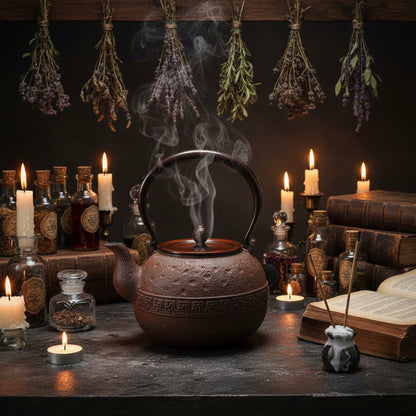 A traditional cast iron teapot with a textured brown body, dark handle, and copper-toned lid, resting on a brown woven mat.