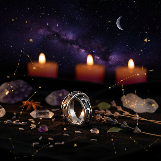 Silver ring with star and moon designs on a white background