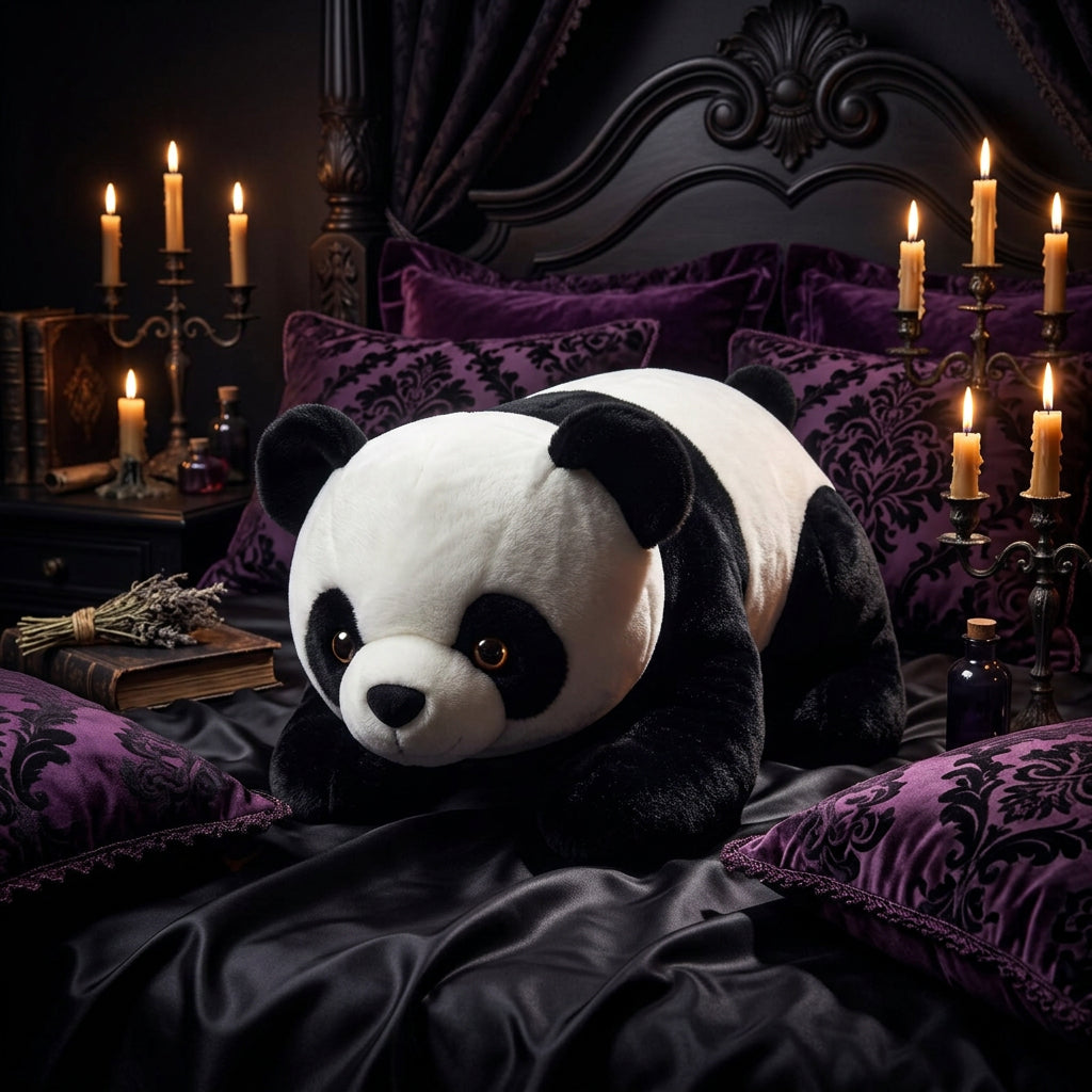 Plush panda toy on a wooden floor with a blurred background