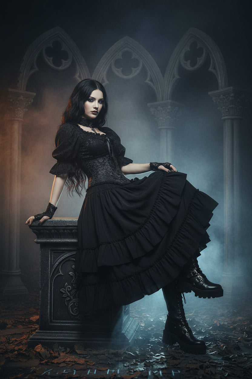Gothic Black Lolita Steampunk High Waist Skirt with Ruffles Sorceress Sanctuary