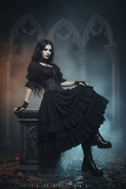 Gothic Black Lolita Steampunk High Waist Skirt with Ruffles Sorceress Sanctuary