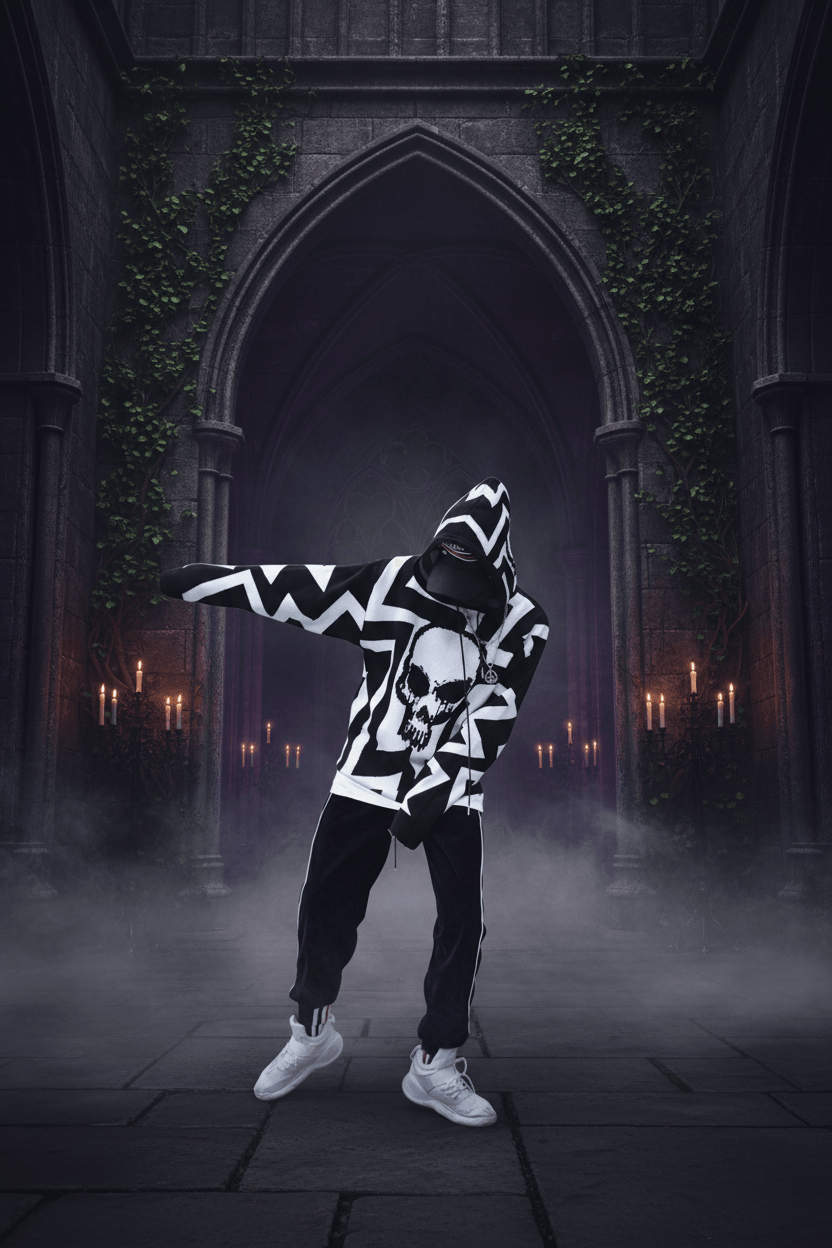 A person wearing a black and white geometric patterned hoodie with a large white skull graphic on the front, paired with black jogger pants and white sneakers, posing in front of a concrete wall.