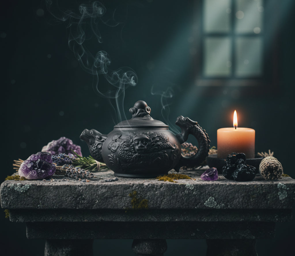 Black decorative teapot with intricate designs on a white background