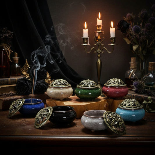 Set of colorful incense burners with lids on a white background