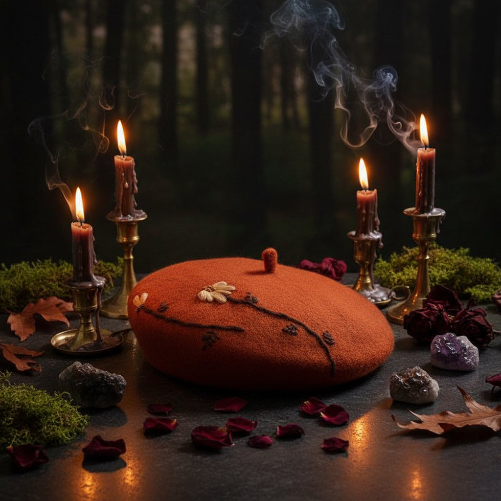 A rust-orange felt beret hat with embroidered black branches and beige flowers, resting on a white surface with printed papers.