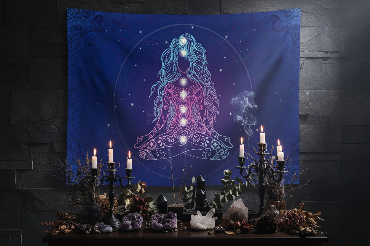 A large wall tapestry featuring a meditating figure with glowing chakras on a deep blue cosmic background, displayed in a modern living room setting above a white sectional sofa.