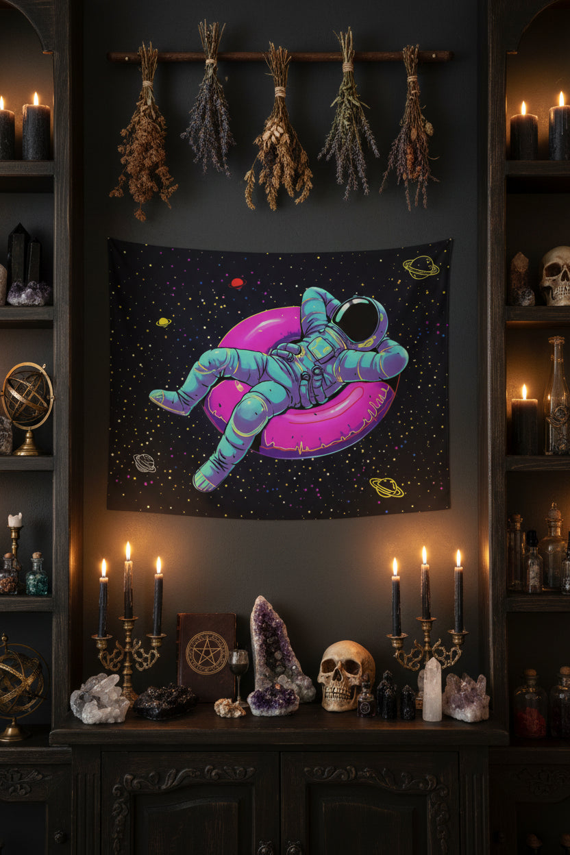 Colorful tapestry with an astronaut design hanging on a wall.