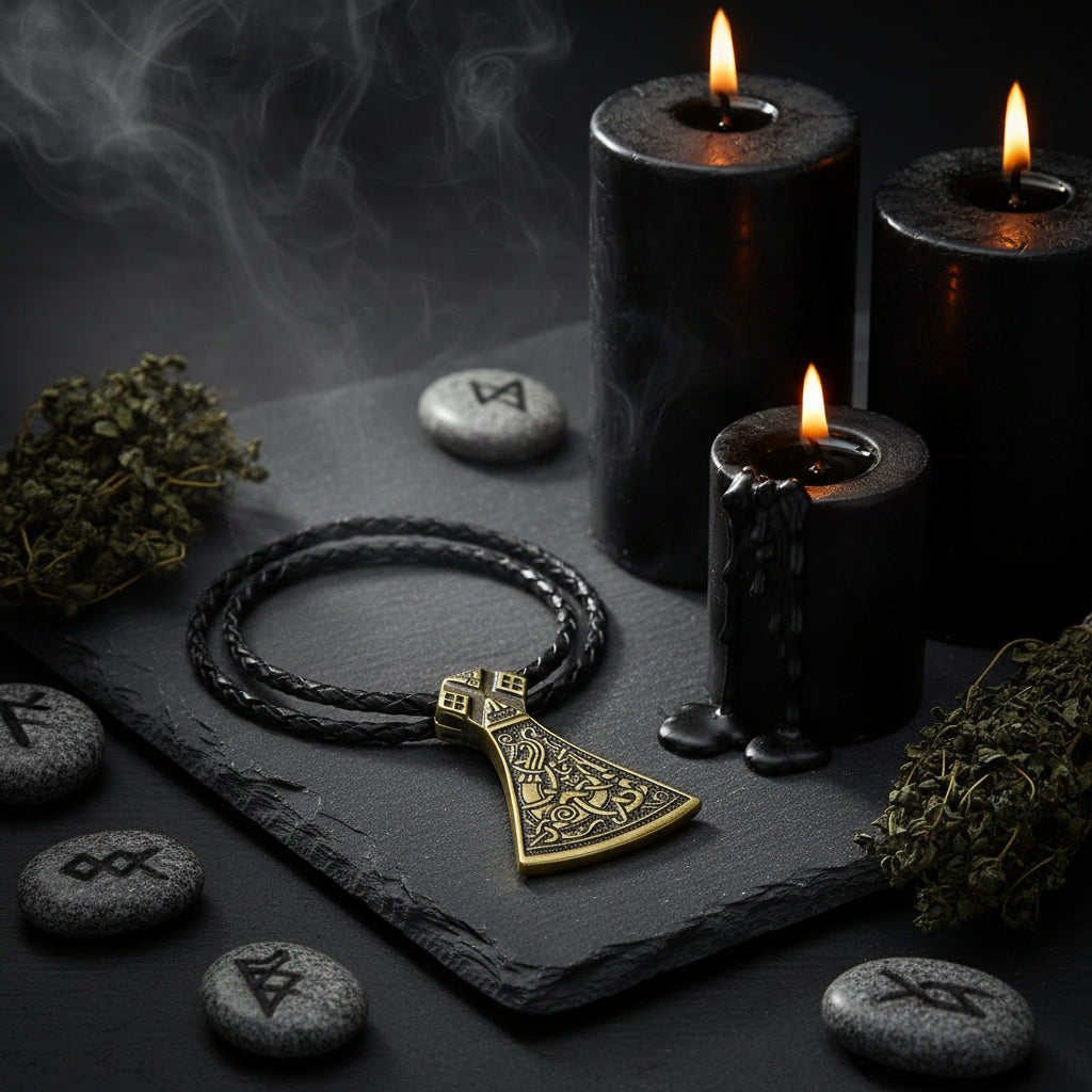Bronze axe-shaped pendant on a black cord against a natural background