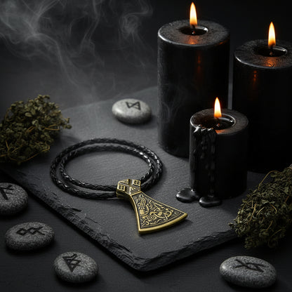 Bronze axe-shaped pendant on a black cord against a natural background