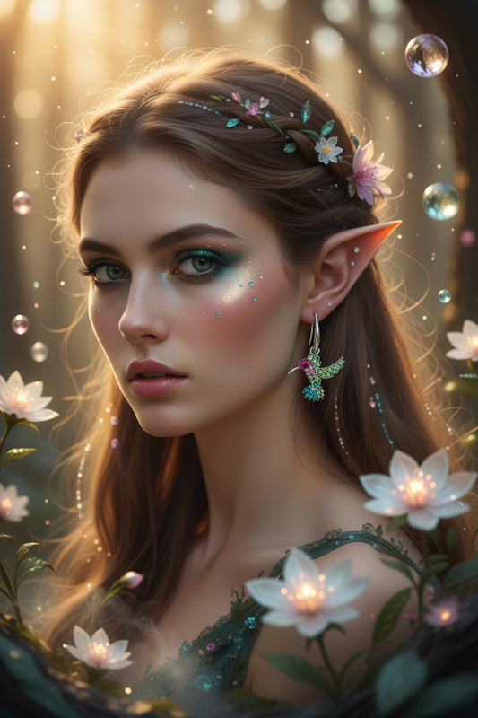 Colorful hummingbird-shaped earrings on a beige background