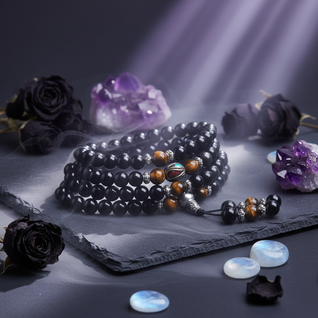 Black and brown beaded necklace with a decorative clasp on a textured surface.
