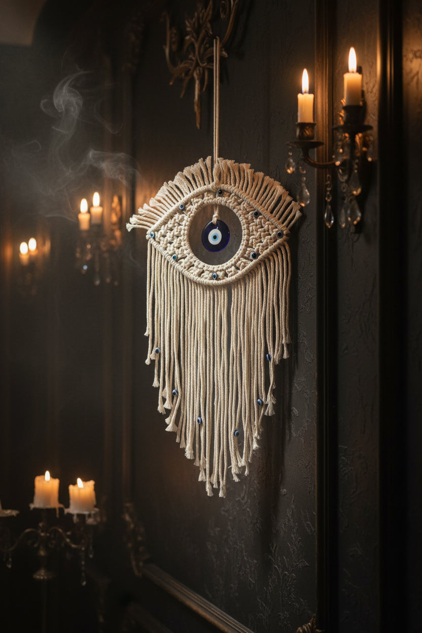 A white macrame wall hanging shaped like an eye, with a blue and white evil eye motif in the center and small blue beads spaced along the fringe, shown against a plain light beige wall.