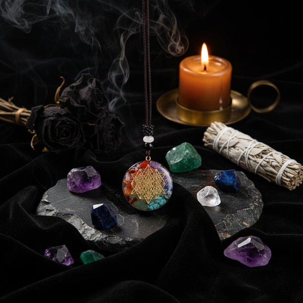 Decorative pendant with geometric design on a dark background