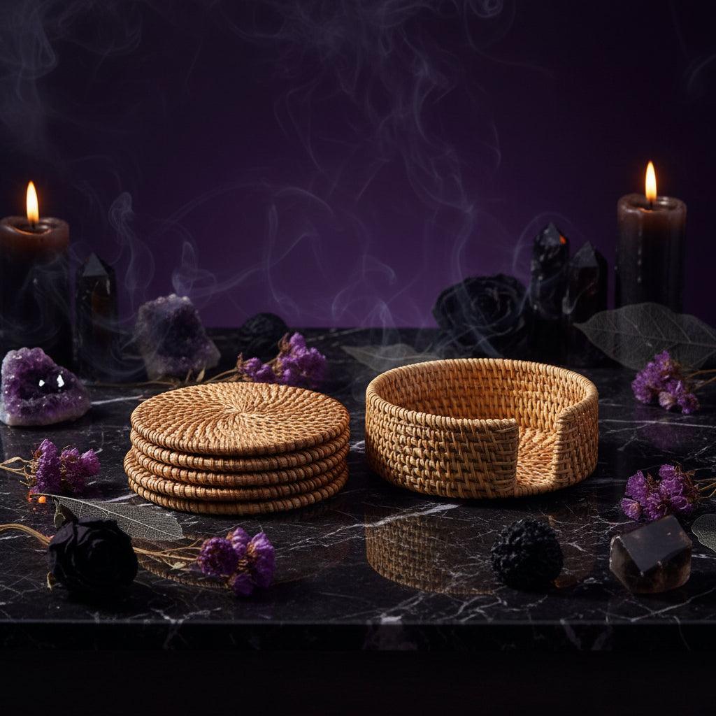 Set of woven coasters and a bowl on a white background