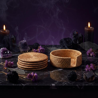 Set of woven coasters and a bowl on a white background