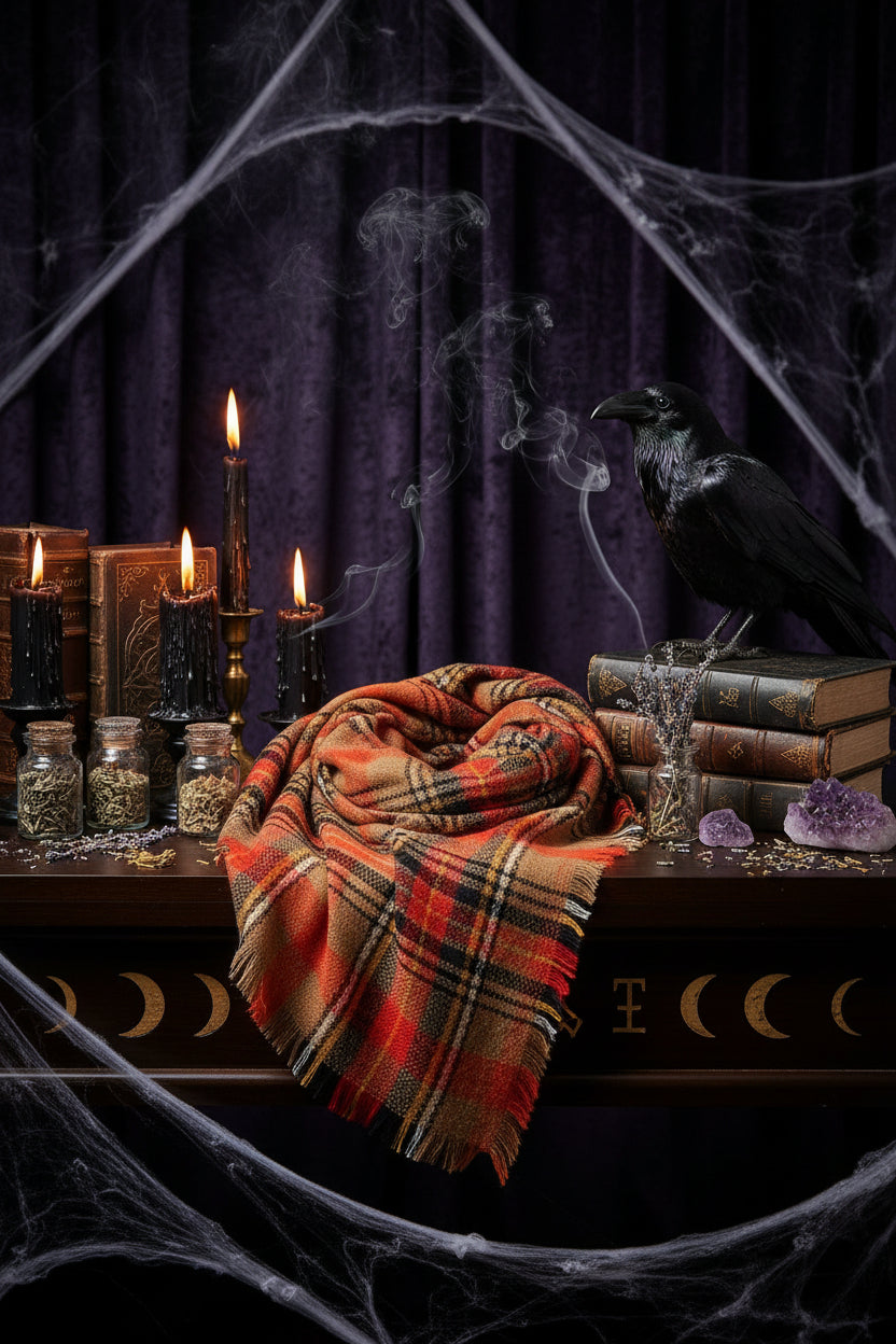 Cashmere Scarf with Fringe and Plaid Design Sorceress Sanctuary