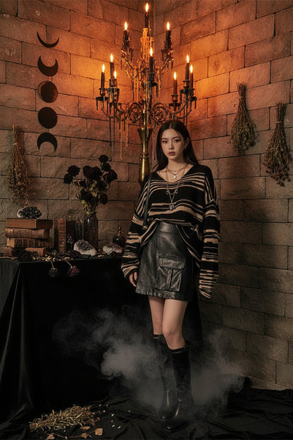 Person wearing a striped sweater and black skirt in an indoor setting