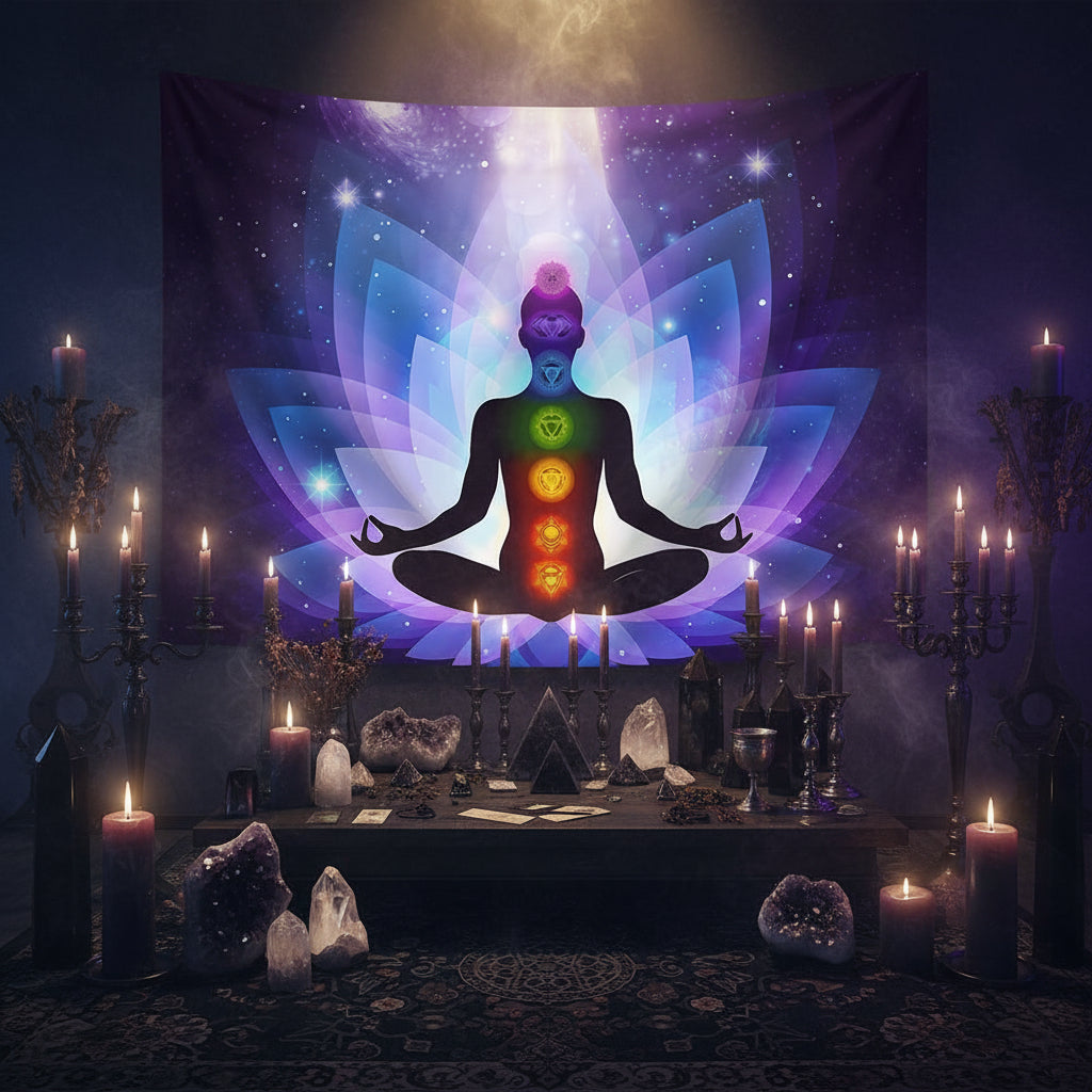 Colorful tapestry with a meditating figure and chakra symbols in a living room.
