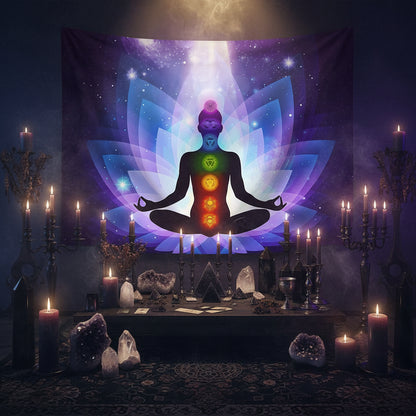 Colorful tapestry with a meditating figure and chakra symbols in a living room.