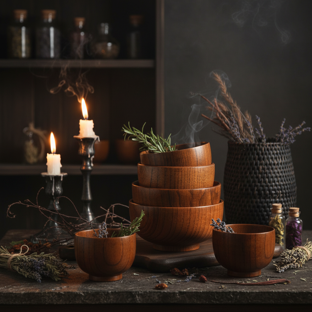 Set of wooden bowls on a wooden surface with a blurred background